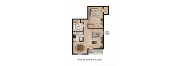 A floor plan of a one bedroom apartment with a bath and totaling 705 square feet.