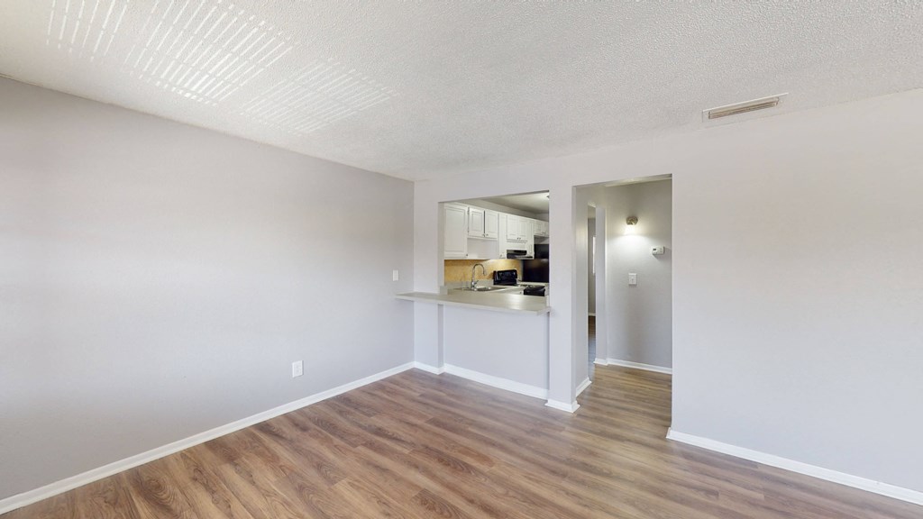 living room with kitchen in background