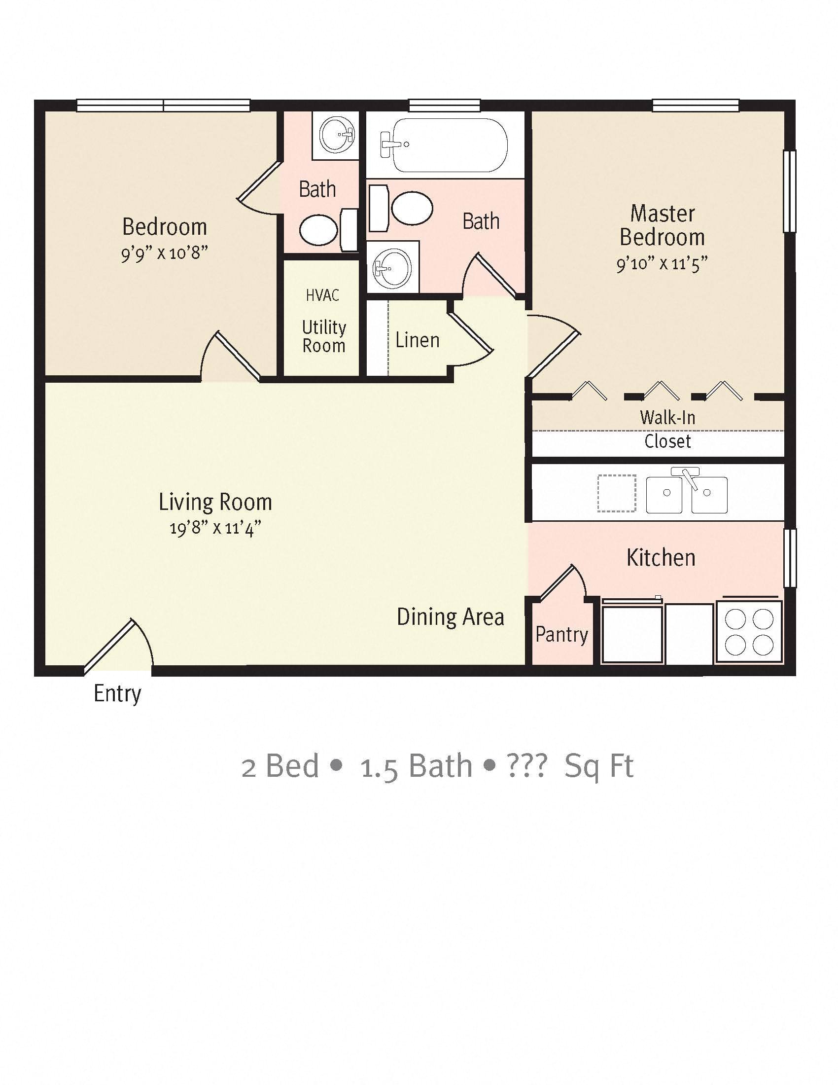 2D Floorplan of 2 Bedroom 1.5 Bath
