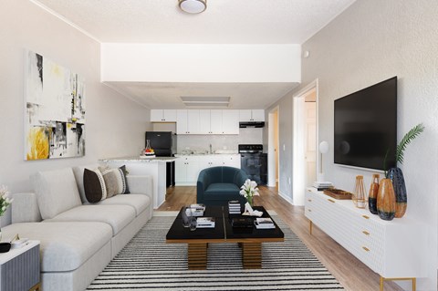 A modern living room with a grey sofa, a coffee table, and a TV on the wall.