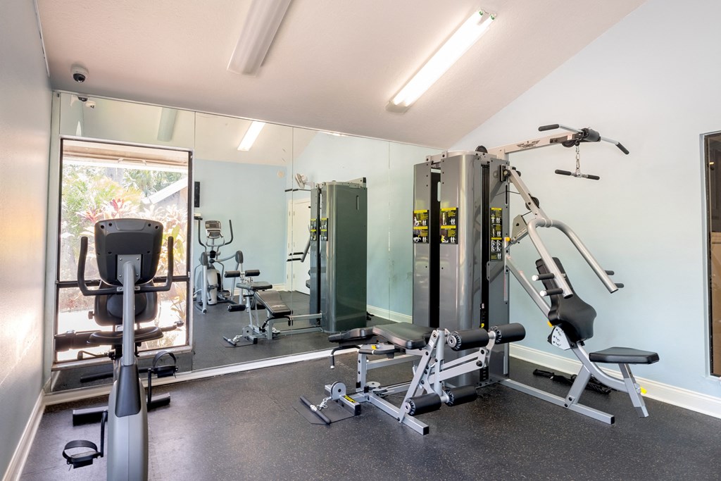 a gym with weights and mirrors and a window  at Fisherman's Landing Apartment Homes, Florida