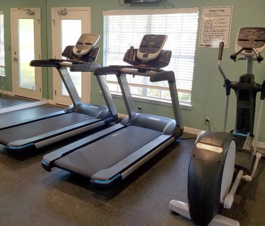 a row of treadmills in a gym with a window at Madison Oaks Apartment Homes, LLC, Palm Harbor