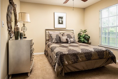 a bedroom with a bed and a dresser and a window at Madison Oaks Apartment Homes, LLC, Palm Harbor Florida