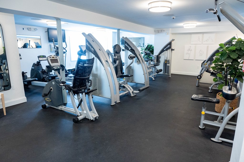a gym with cardio machines and weights on the floor at Raritan Crossing Apartment Homes, New Brunswick New Jersey