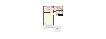 A floor plan of a house showing a kitchen, living room, and bathroom.