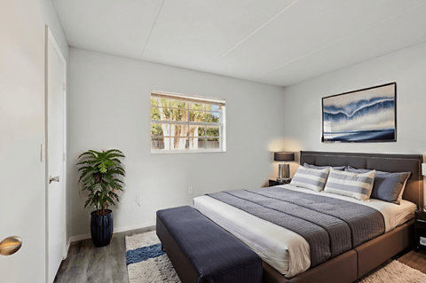 A bedroom with a large bed and a potted plant.