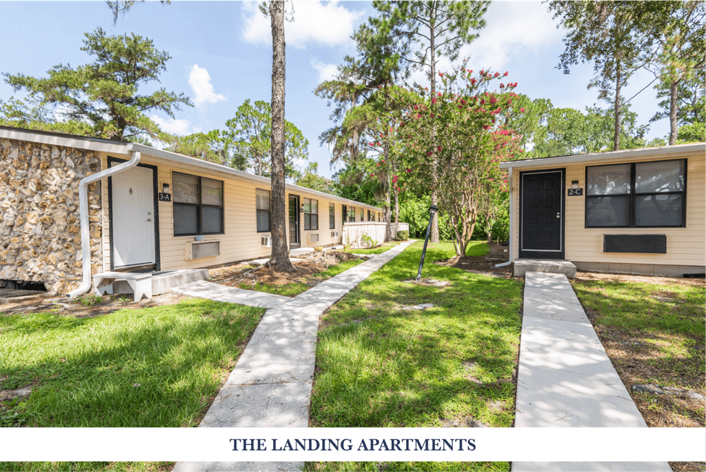 A row of small, single-story houses are called the Landing Apartments.