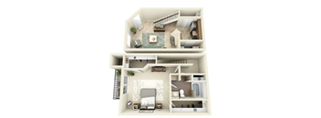 A 3D floor plan of a two-bedroom apartment with a living room, kitchen, and bathroom.