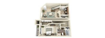 A 3D floor plan of a two-story house with a living room, kitchen, and bedrooms.