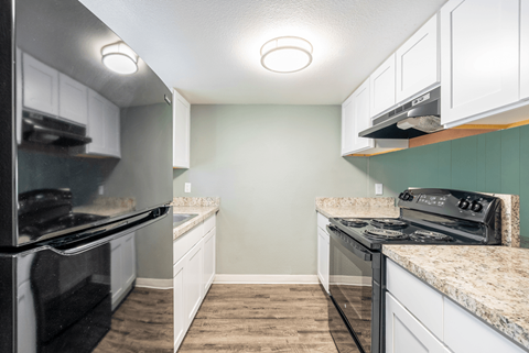 A kitchen with a black refrigerator and stove top oven.