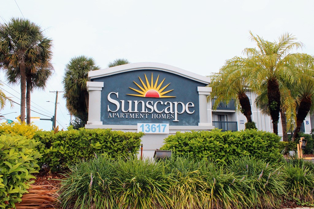 a sign for the suncafe apartment homes in front of palm trees at Sunscape Apartment Homes, Florida, 33613