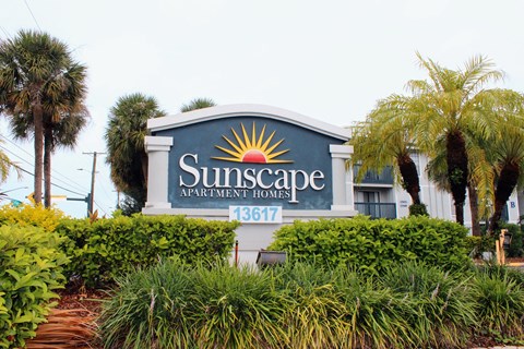 a sign for the suncafe apartment homes in front of palm trees at Sunscape Apartment Homes, Florida, 33613