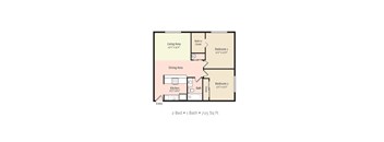A floor plan of a 2 bedroom, 1 bathroom apartment is shown.