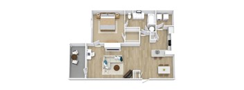 A floor plan of a small apartment with a kitchen, living room, and bathroom.