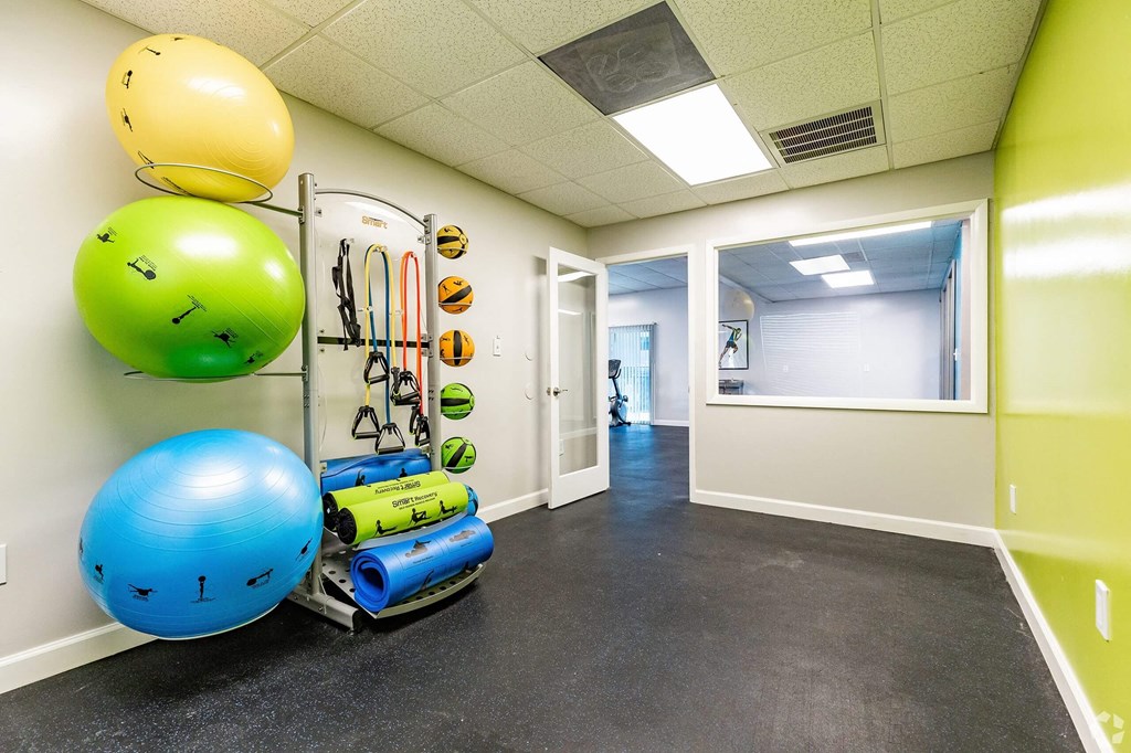 a workout room with weights and other exercise equipment on the wall  at The Park at Chesterfield Apartment Homes, Tampa, FL, 33617
