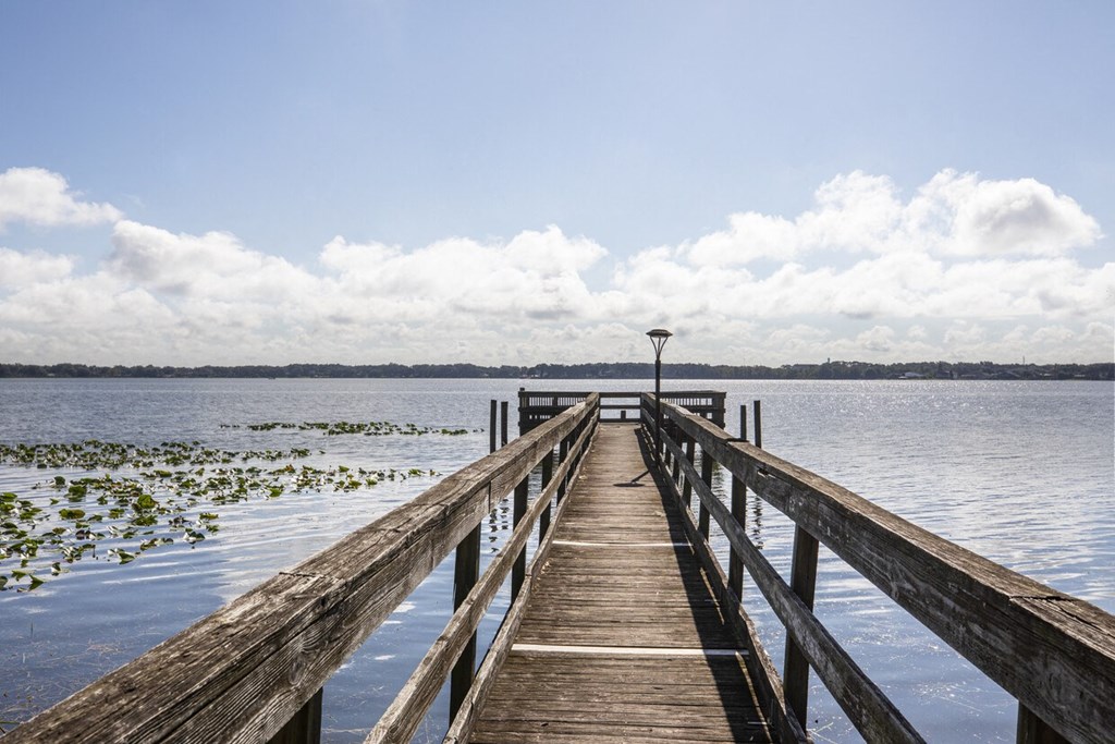 A wooden pier extends into a body of water with a cloudy sky above.