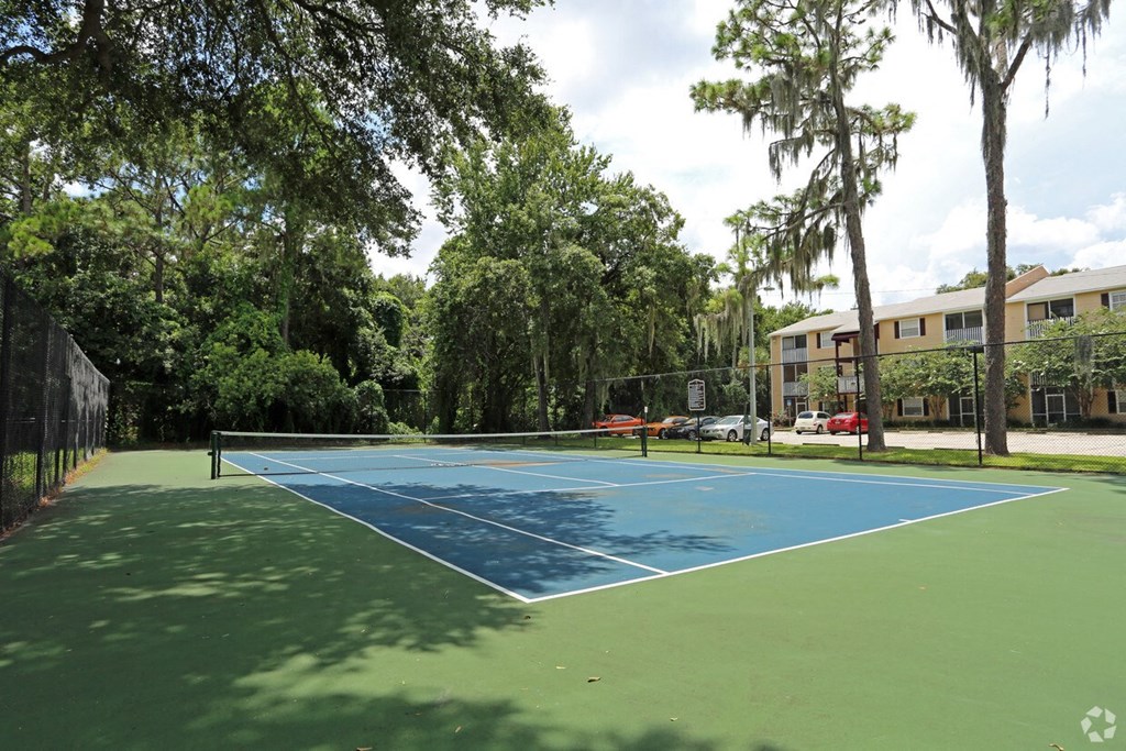 A tennis court surrounded by trees and a fence.