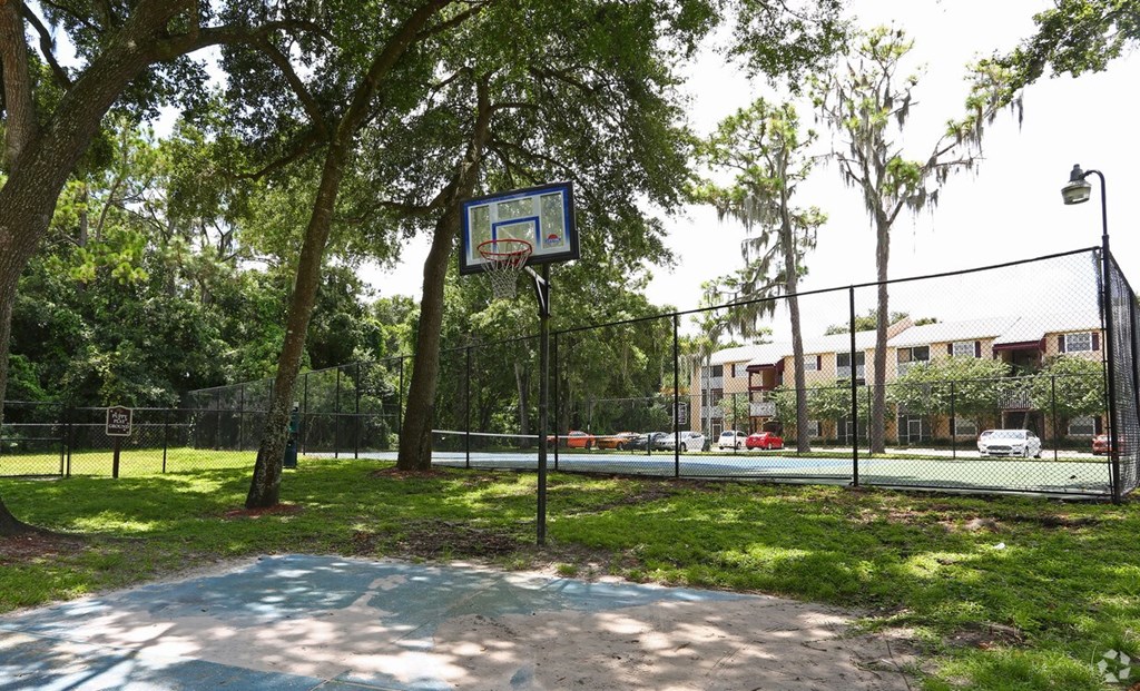 A basketball court surrounded by trees and a fence.