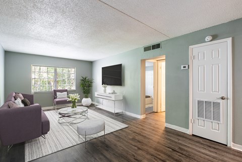 A living room with a purple couch and a flat screen TV.