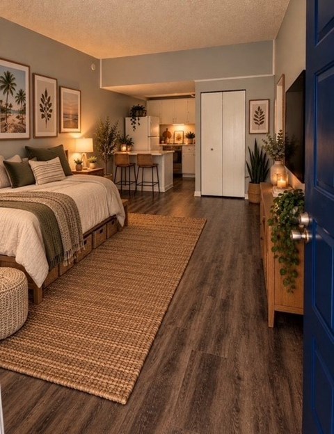 A bedroom with a bed, a desk, and a chair.