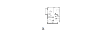 A floor plan of a unit with a living room, two bedrooms, a bathroom, and a kitchen.