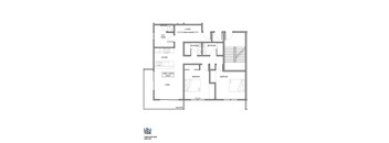 A floor plan of an apartment with two bedrooms and two bathrooms.