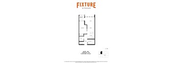 A floor plan for a suite with a bedroom, den, and bathroom.