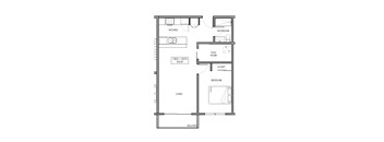 A floor plan of a small apartment with a kitchen, bathroom, living room, bedroom, and closet.