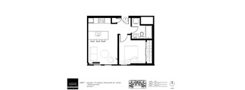 A black and white image of a floor plan for a 1 bedroom suite at 166 East 11th Avenue, Vancouver, BC.