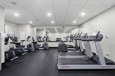 A gym with treadmills and elliptical machines.