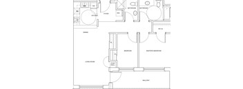 A floor plan of a house with a living room, dining room, kitchen, two bathrooms, two bedrooms, and a balcony.