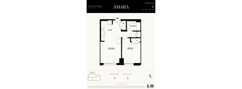 A floor plan for an apartment in Amara, showing a living room, two bedrooms, a kitchen, and a bathroom.