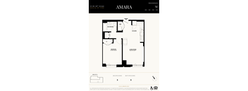 A floor plan for an apartment in Amara, showing a living room, two bedrooms, a bathroom, and a kitchen.