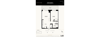 A floor plan for the Amara residence in Astoria, NY shows a living room, two bedrooms, a kitchen, and a bathroom.