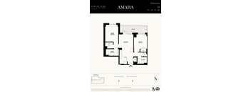 A floor plan for the Amara residence in Astoria, NY shows two bedrooms and two bathrooms.