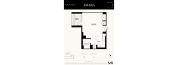 A floor plan for a residence in Amara shows a living room, kitchen, bathroom, and bedrooms.