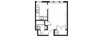 the floor plan of a small apartment with a bedroom and a living room