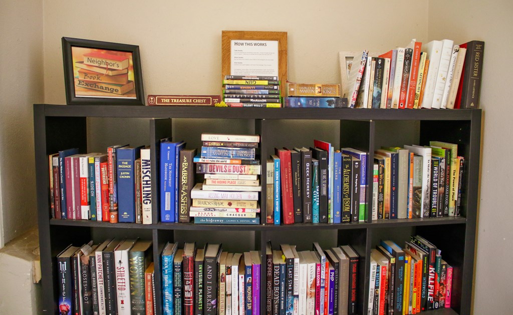 a bookcase filled with books and a bunch of books
