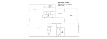 a floor plan of a 2 bed 1 bath accessible apartment