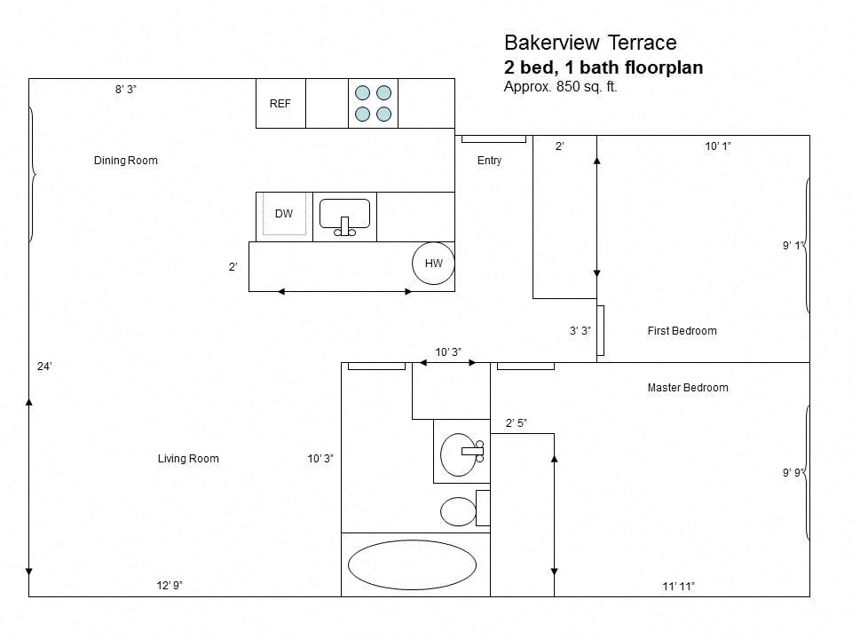 a floor plan of a 2 bed 1 bath floorplan