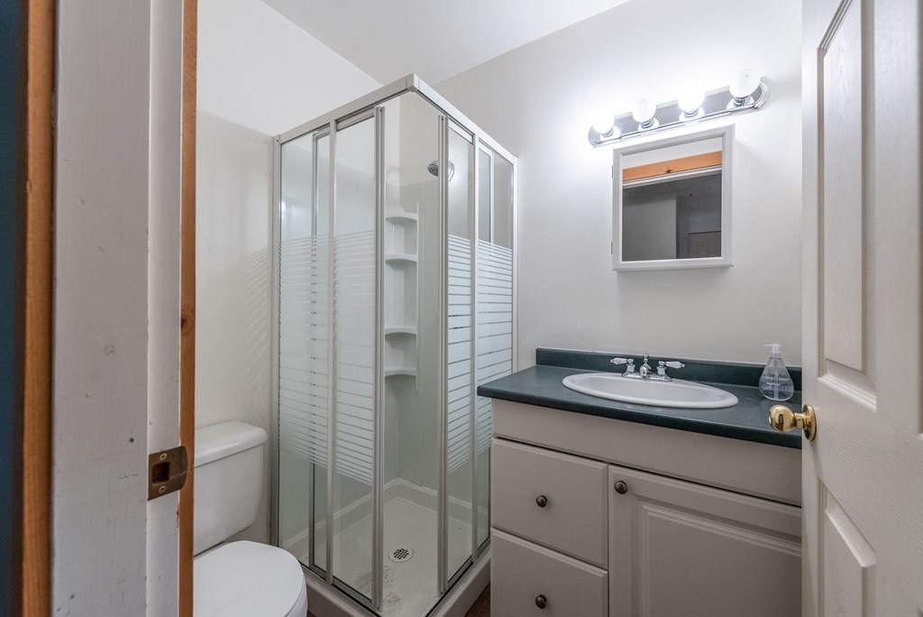 a bathroom with a toilet sink and shower