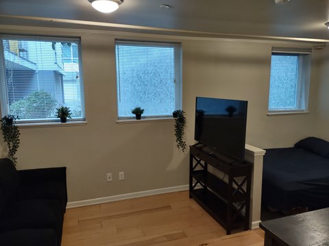 a living room with a tv and three windows