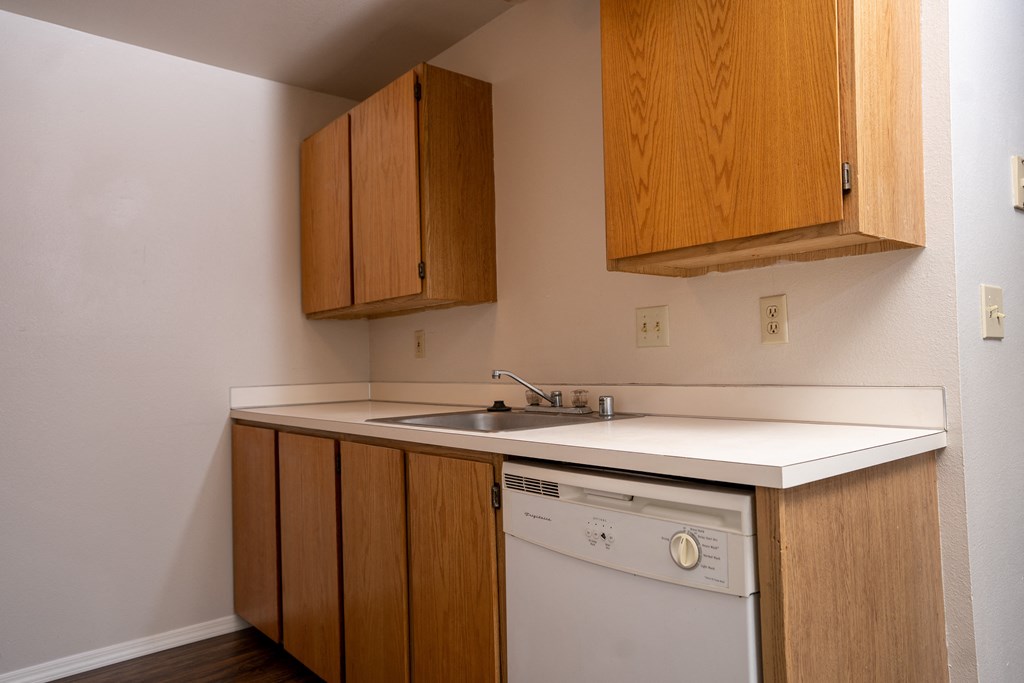 a kitchen with a dishwasher sink and cabinets