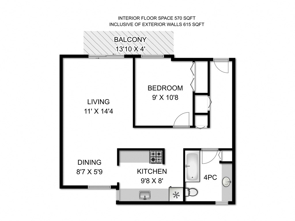 a floor plan of a studio apartment with a bedroom and a living room