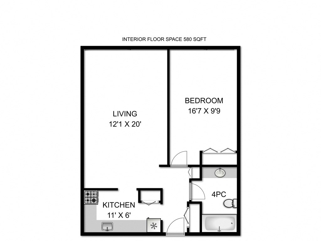 a floor plan of a studio apartment with a bedroom and a living room