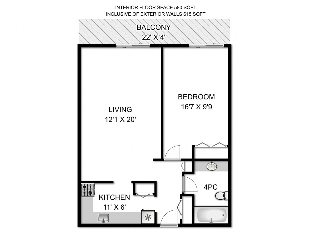 a floor plan of a studio apartment with a bedroom and a living room