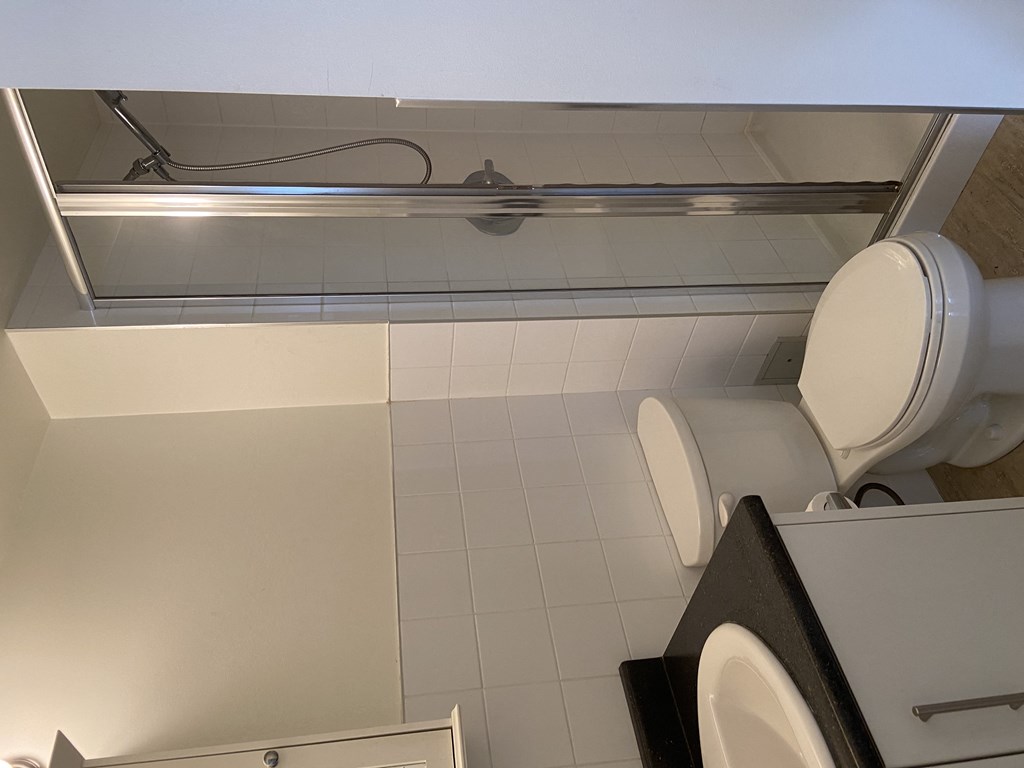 an overhead view of a bathroom with a shower and toilet