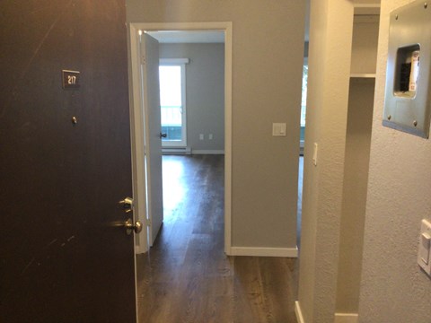 a view from the bathroom into the living room and a hallway with the door open