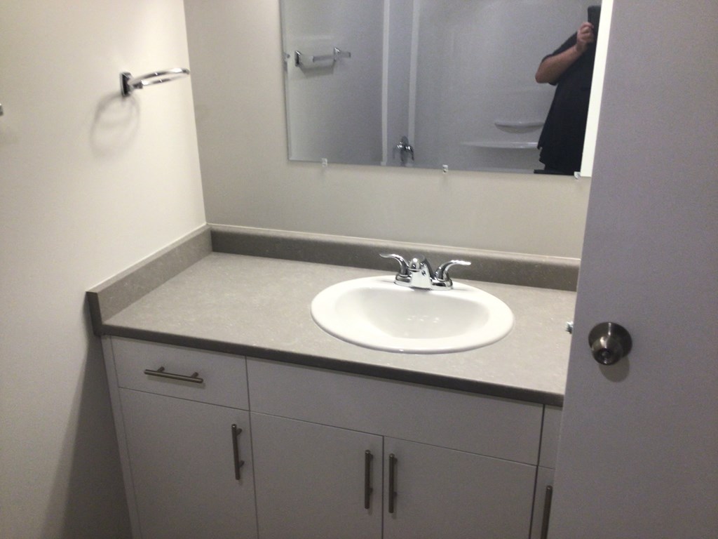 a bathroom with a sink and a mirror