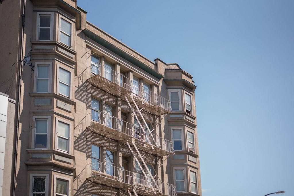 a view of the top of a building with a fire escape